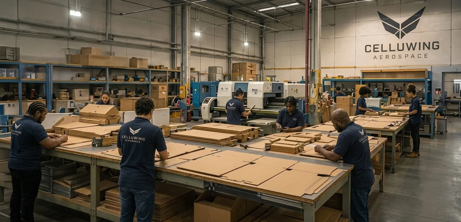 The Celluwing build floor — cardboard UAVs in production